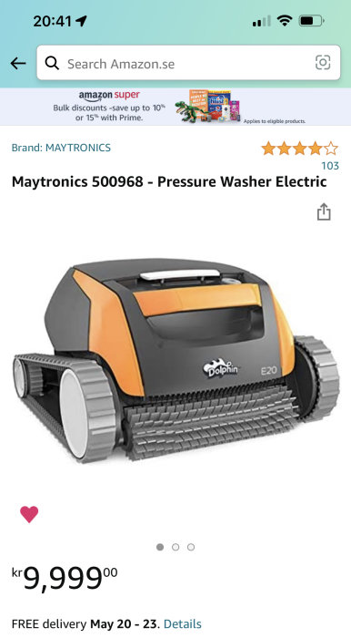 Maytronics Dolphin E20 robottrycktvätt med spårband i orange och svart, listad för 9 999 kr på en webbshop.