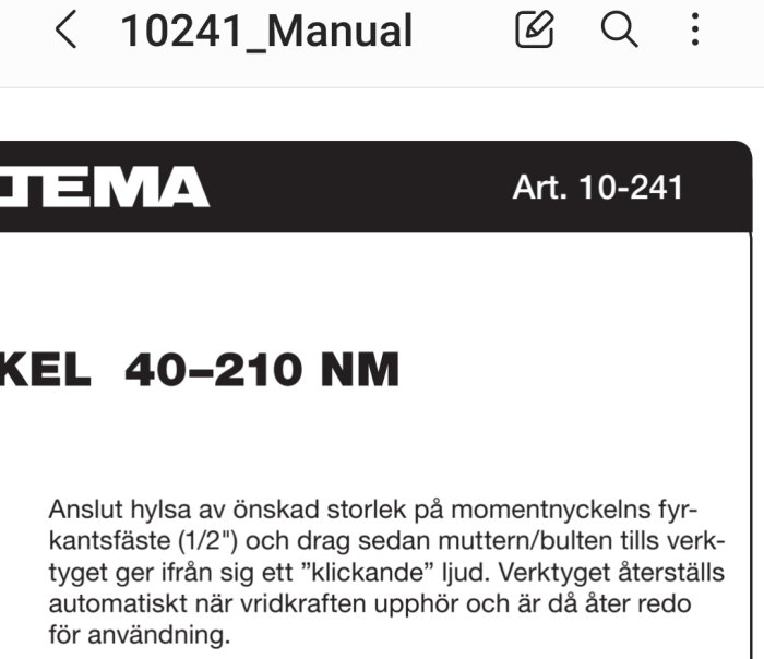 Skärmdump av ett manualavsnitt för en momentnyckel som visar artikelnr. och vridmomentintervall.