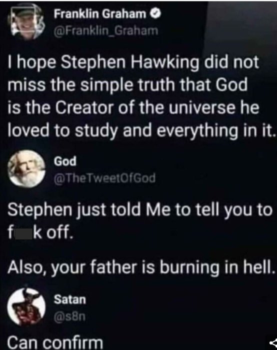 Skärmdump av Twitter-inlägg med påstådda kommentarer om Stephen Hawking och en gudomlig konversation.