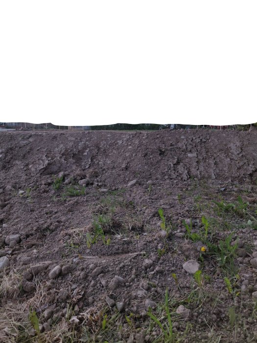 Uppschaktad tomt med synlig lutning och olika marknivåer, ängsmark och stenar syns.