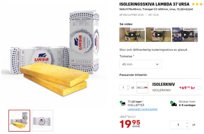 Gul isoleringsskiva URSA Lambda 37 med förpackning, 45 mm tjocklek, på vit bakgrund.