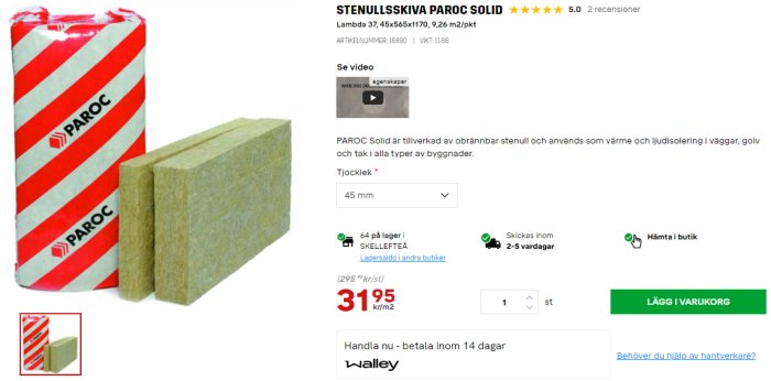 Stenullsskiva Paroc Solid i förpackning och staplade, med produktspecifikationer och pris på Byggmax webbsida.