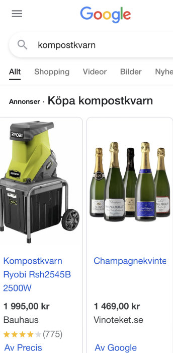 Elektrisk kompostkvarn från Ryobi och olika flaskor champagne visas på en shopping-sökresultatsida.