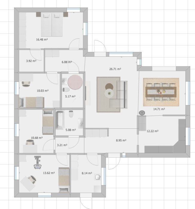 Ritning av en våningsplan som visar förändringen av badrum och klädkammare med nya mått och konfiguration.