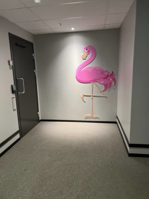 En stor illustration av en rosa flamingo på en korridors vägg, nära en svart dörr.