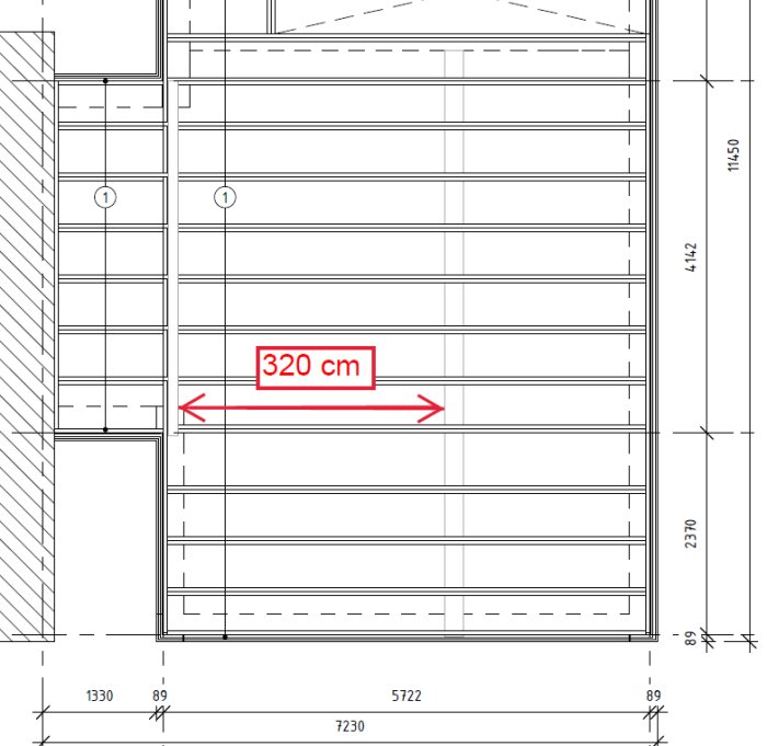 Ritning som visar tvärsnitt av en golvkonstruktion med markerad spännvidd på 320 cm och dimensioner för reglar.