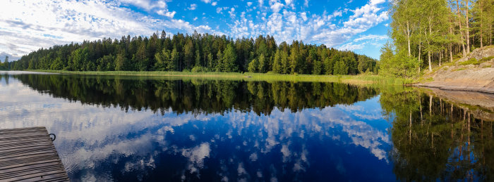 Panoramavy över en sjö med spegelblank vattenyta, skogsbeklädda stränder och en klarblå himmel med moln.