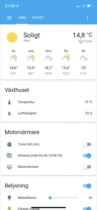 Skärmdump av en smart home app med sensorinformation för växthusets temperatur och luftfuktighet samt andra enheter.