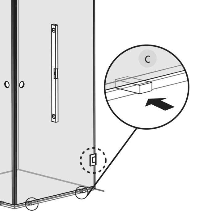 Illustration av instruktioner för montering av dörr med klossar på 15mm för korrekt nivellering.