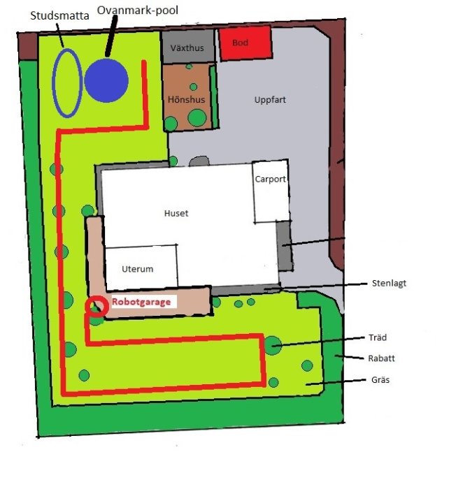 Handritad planritning över en trädgård med markerad plats för en robotgräsklippares garage.