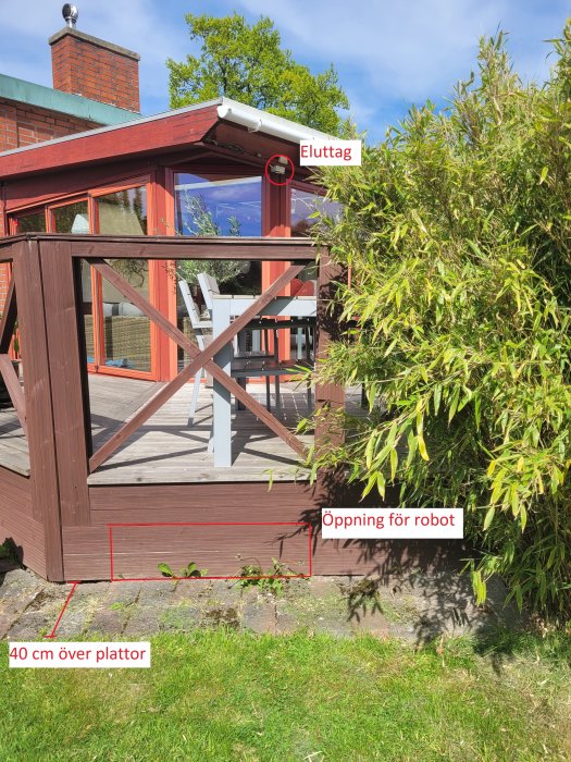 Rödbrun altan med markerad tänkt öppning för robotgräsklippare och närliggande eluttag.