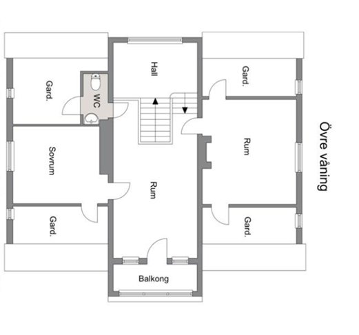 Ritning av övervåningen i ett hus med markerade sovrum, WC, hall och garderober, planerat för ombyggnad.