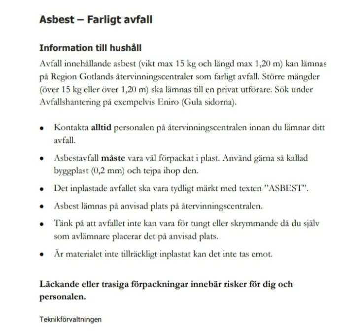 Informationsblad om korrekt hantering av asbestavfall enligt regler från teknikförvaltningen.