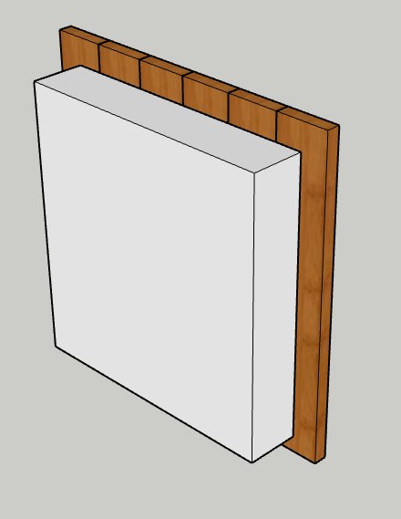 3D-modell av en vit cellplastplugg och en brun träplatta som väderskydd.