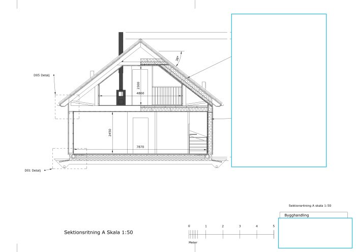 Sektionsritning av ett hus med detaljer vid kantelement och dräneringsrör i makadam.