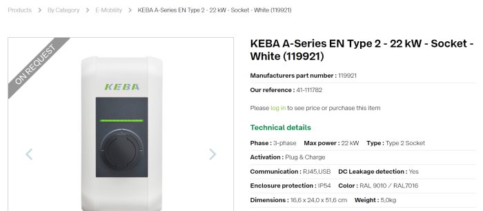 KEBA A-Series EN Type 2 22 kW laddbox för elbil, vit med grön statusindikator och svart uttag.