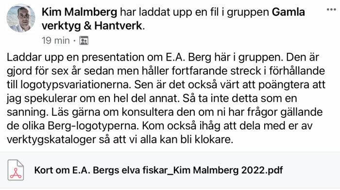 Skärmdump av diskussionsforum där en fil om E.A. Bergs logotyper delas.