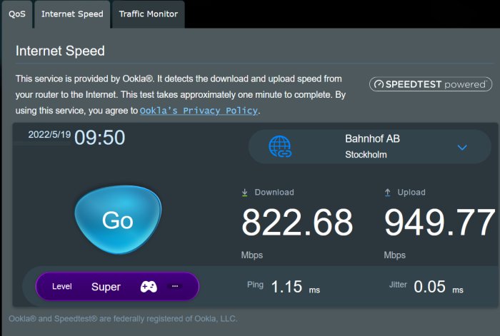 Internet hastighetstest visar 822.68 Mbps nerladdning och 949.77 Mbps uppladdning med Bahnhof ISP.