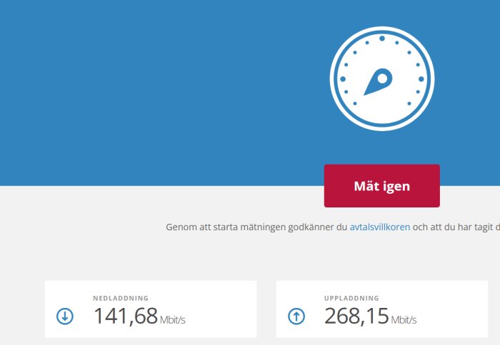 Internet hastighetstest resultat med 141,68 Mbit/s nedladdning och 268,15 Mbit/s uppladdning.