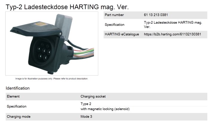 Typ-2 ladduttag för elfordon av märket HARTING med magnetlås och flerkabelanslutning.