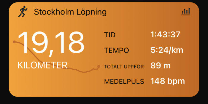 Skärmavbild av löpningsapp resultat för 19,18 kilometer löpning i Stockholm med tid och tempo.