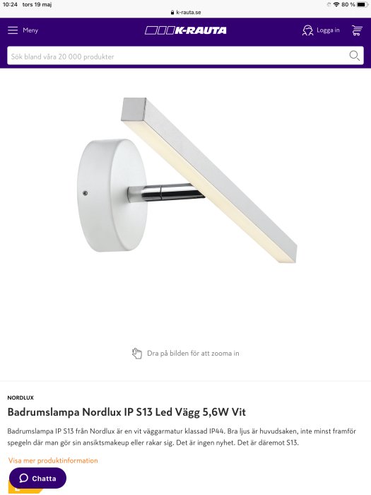 Modern badrumslampa Nordlux IP S13 Led på en webbplats, tänkt att kopplas till vägg i renoverat badrum.