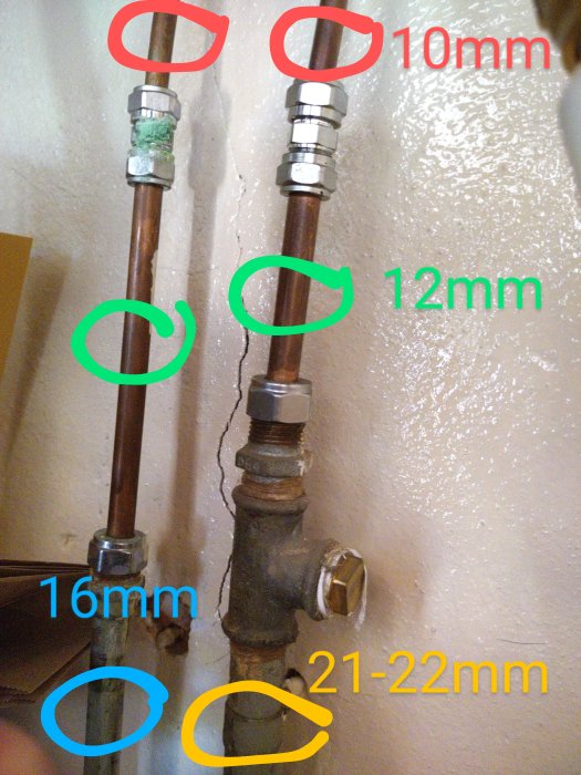 Vattenrör markerade med ytterdiametrar 10mm, 12mm, 16mm, 21-22mm inför rörpluggning.