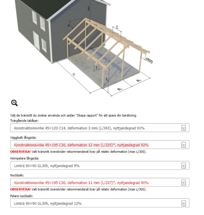 3D-rendering av ett uterum med pulpettak i anslutning till ett hus, inklusive tekniska specifikationer.