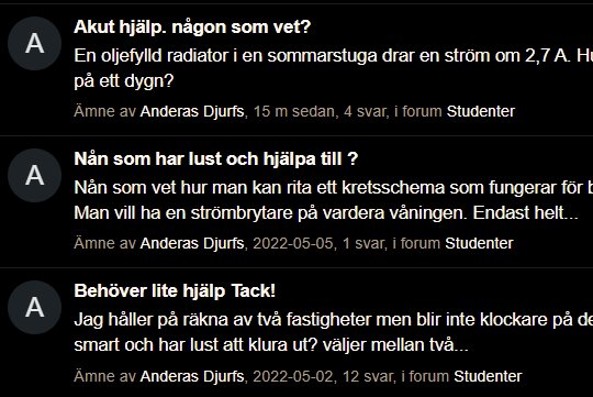 Skärmdump av forumtrådar med rubriker som ber om hjälp och diskussion i bygg- och renoveringsforum.