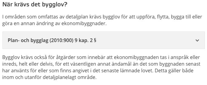 Skärmdump från Boverkets hemsida om när bygglov krävs enligt plan- och bygglagen.