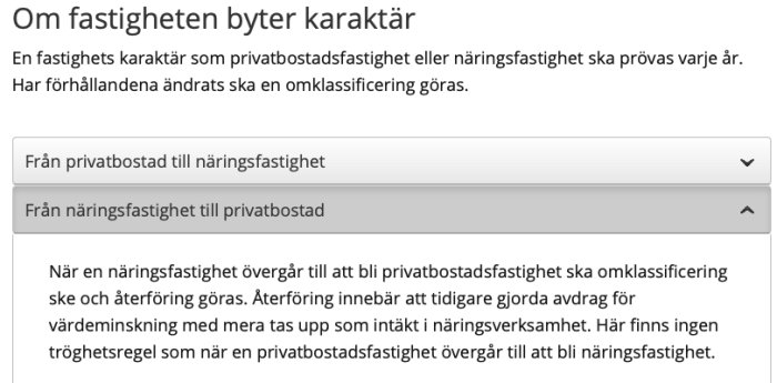 Skärmdump av text om omklassificering av fastighet från näringsfastighet till privatbostadsfastighet, med rubriker och utfällningsbara menyer.