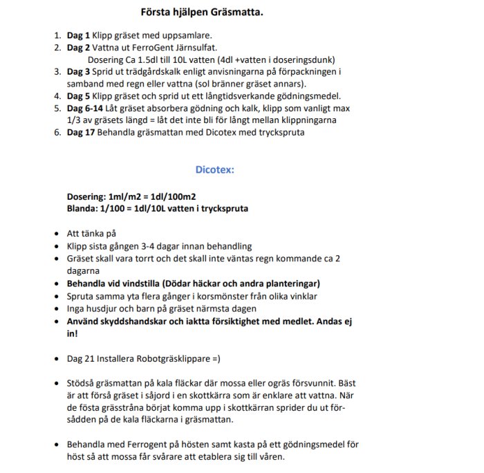 Skärmklipp av ett foruminlägg med steg-för-steg instruktioner för gräsmattans skötsel inklusive klippning, vattning och gödning.