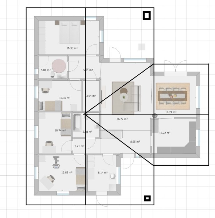 Ritning av en enplansvilla i fågelperspektiv, visar rumsindelning och mått, med potentiell takutbyggnad markerad.