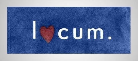 En bild med texten 'I ❤️ cum.' som syftar på Locums reklam, hjärtat ersätter bokstaven 'o'.