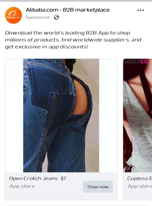 Jeans med öppning designad för att visa höften, annons för "Open Crotch Jeans" från Alibaba.