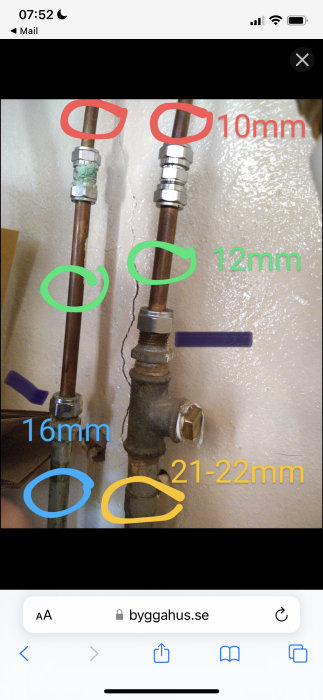 VVS-installation med markerade muttrar och dimensioner, 10mm, 12mm, 16mm och 21-22mm.