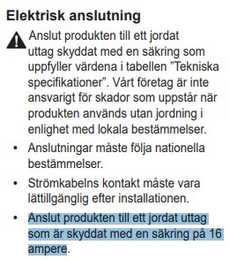 Utdrag ur en manual som beskriver krav på elektrisk anslutning för en diskmaskin, specifikt ett jordat uttag med 16A säkring.