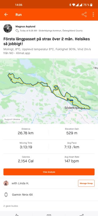 Skärmdump av löptrackningsapp som visar rutt, distans, tid, kalorier och hjärtfrekvens efter ett löppass.