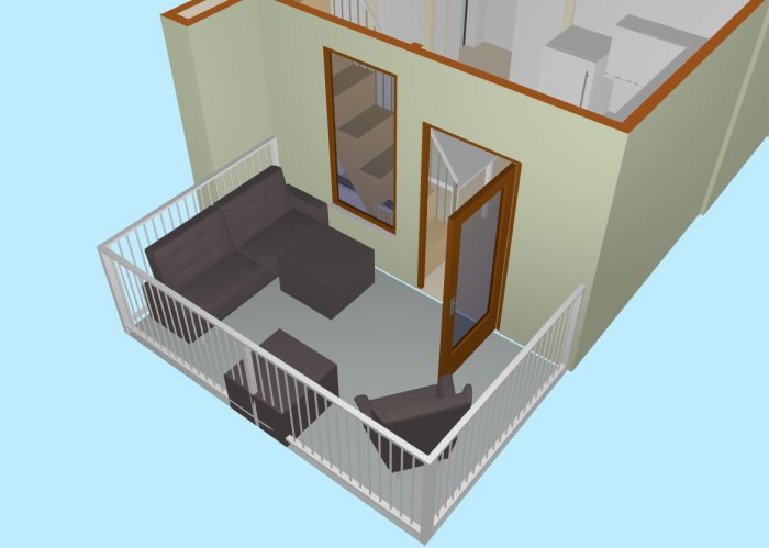 3D-modell av en balkong med ett loungemöbelset bestående av soffdelar och bord.