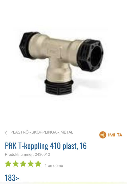 PRK T-koppling 410 i plast för rörinstallation, med klämringar och produktnummer.