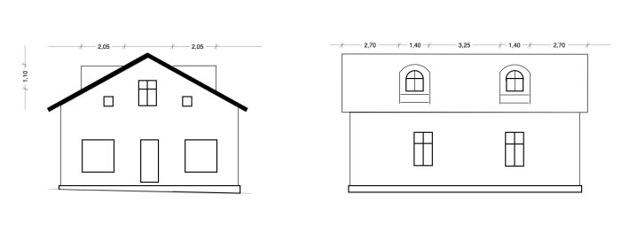 Arkitektonisk skiss med två vyer av ett hus, en med takkupor och måttangivelser för planerad renovering.