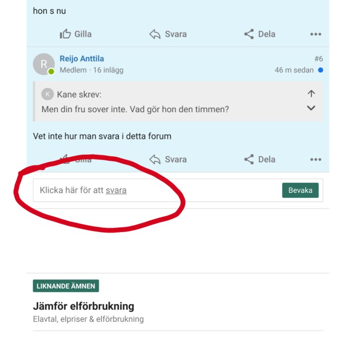 Skärmbild av diskussionsforum där knappen "Klicka här för att svara" är markerad.