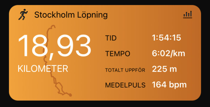 Löparappskärm visar 18,93 km löpt i Stockholm med tid 1:54:15, tempo 6:02/km, höjd 225 m, puls 164 bpm.