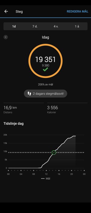 Skärmdump av aktivitetsspårare som visar 19 351 steg, 16,9 km distans, 3 556 förbrända kalorier och ett stegmål uppnått.