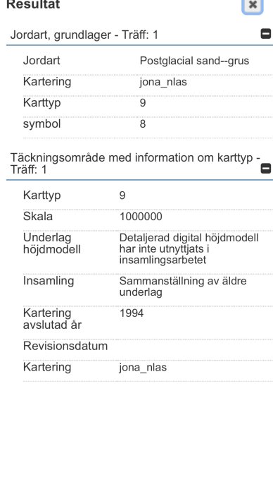 Skärmdump av SGU karta med information om jordart som postglacial sand-grus och detaljer kring kartläggning.