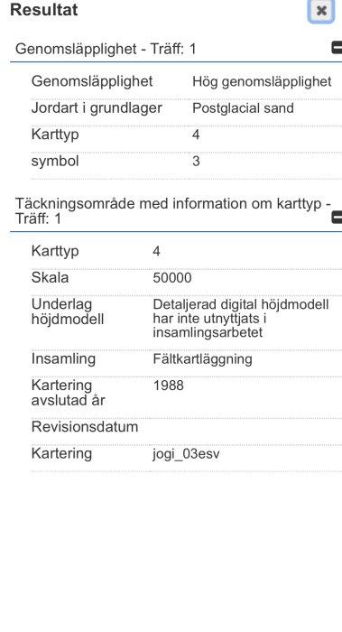 Skärmklipp av SGU kartinformation som visar genomsläpplighet och jordart i postglacial sand.