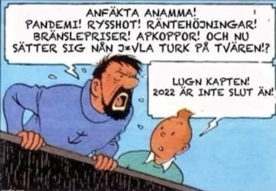 Seriebild med frustrerad man som räknar upp kriser; ett barn lugnar honom genom att påpeka att året inte är slut.