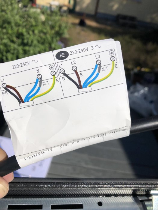 En hand håller en installationsanvisning för en spishäll med kablage markeringar för 2x16A 220-240v anslutning.