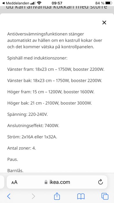 Skärmdump av tekniska specifikationer för en induktionsspishäll med storlekar och strömförbrukning.