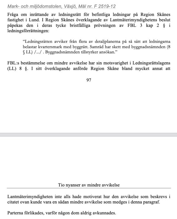 Dokumentsida från Mark- och miljödomstolen med text om ledningsrätt och mindre avvikelser.